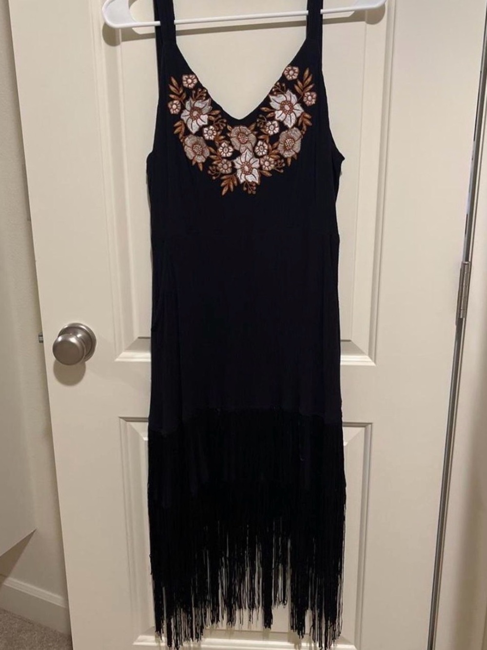 Idyllwind Black Midi Dress with Floral Embroidered V-Neck